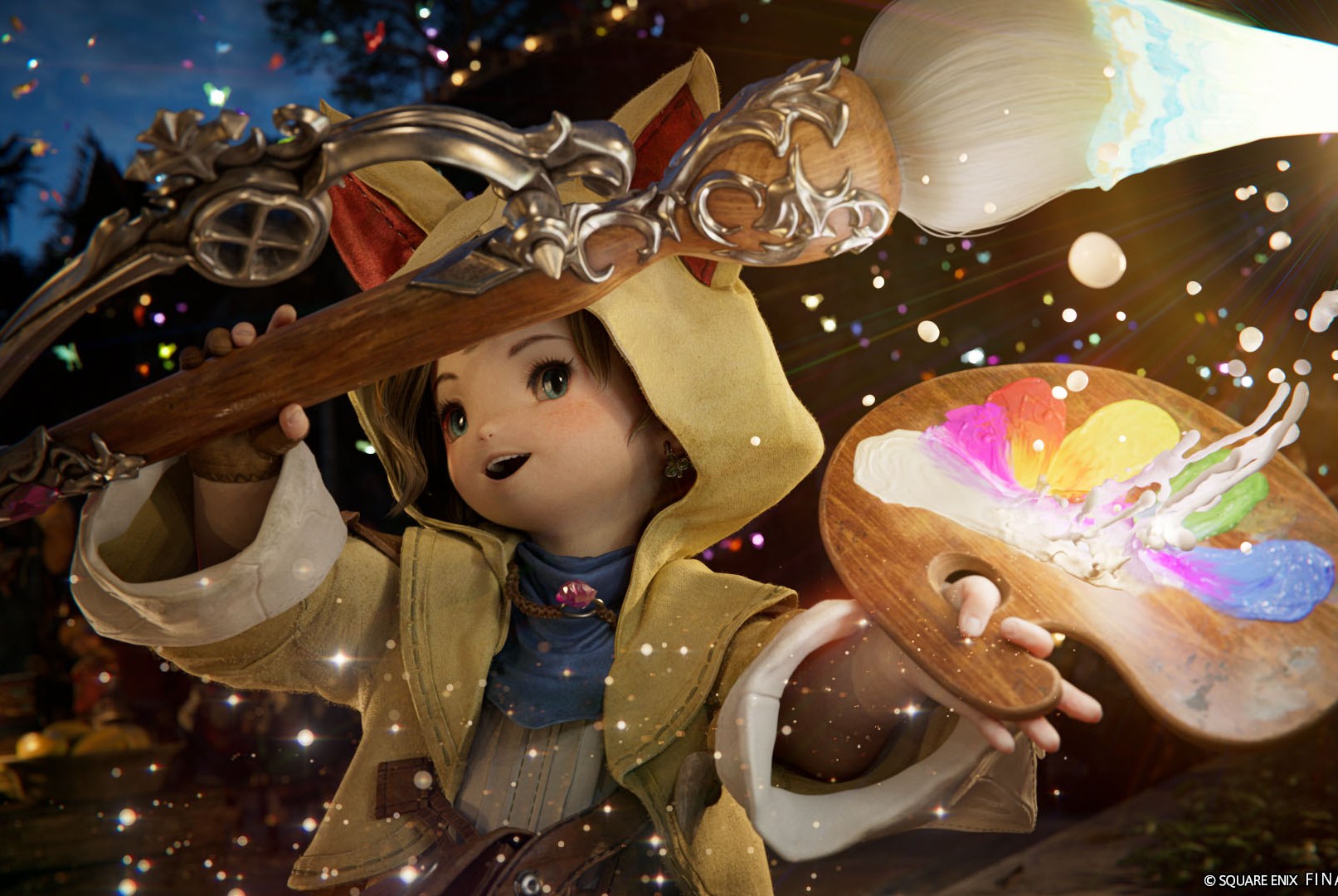 A Lalafell Pictomancer swipes its magical paintbrush across a canvas to cast a spell in artwork for Final Fantasy 14