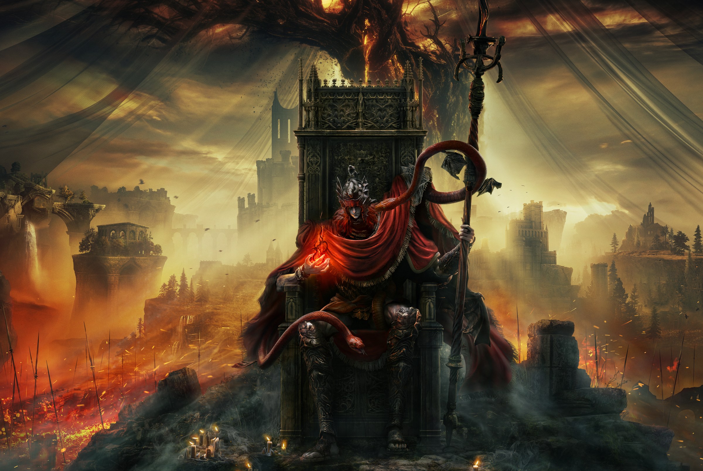 Messmer sits on a throne in front of a giant tree in key art for Elden Ring DLC Shadow of the Erdtree guides and walkthroughs.